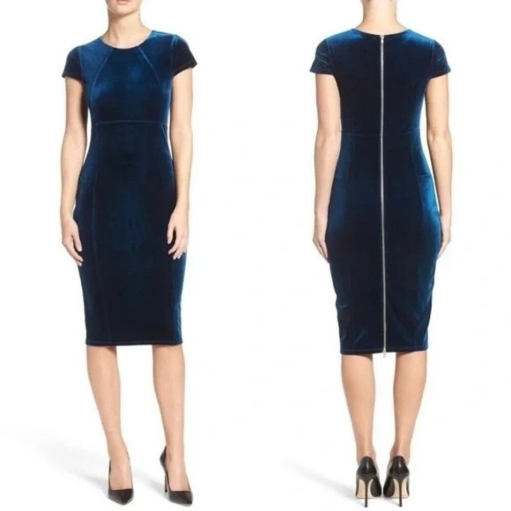 Felicity & Coco Blue Velvet Sheath Dress Short Sleeve Back Zip XL v1